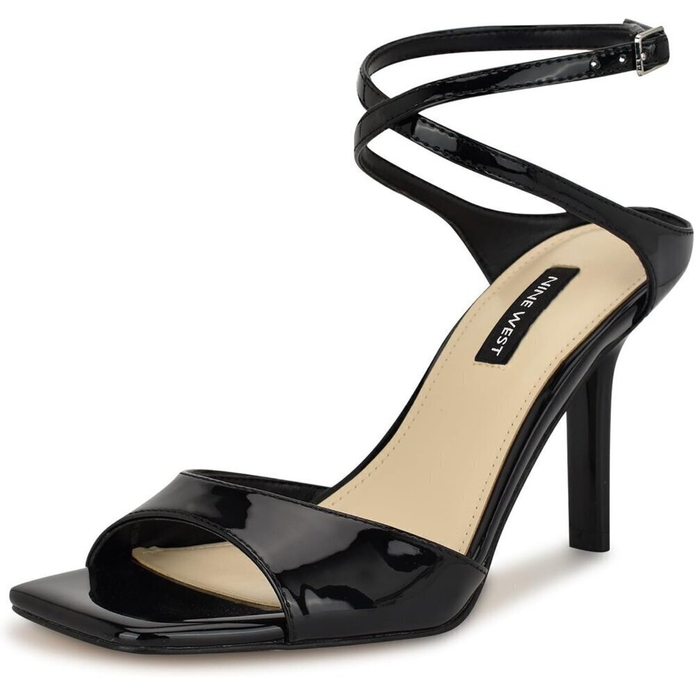 Nine West Women Black Patent Faux Leather Open Squared Toe Heels Sandal